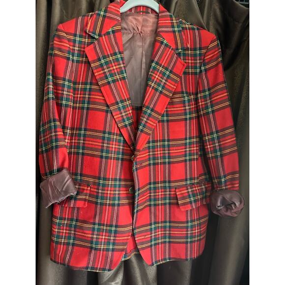 Vintage Sears UpCycled Red  Red Green Tartan Plaid Blazer Jacket - Picture 1 of 4